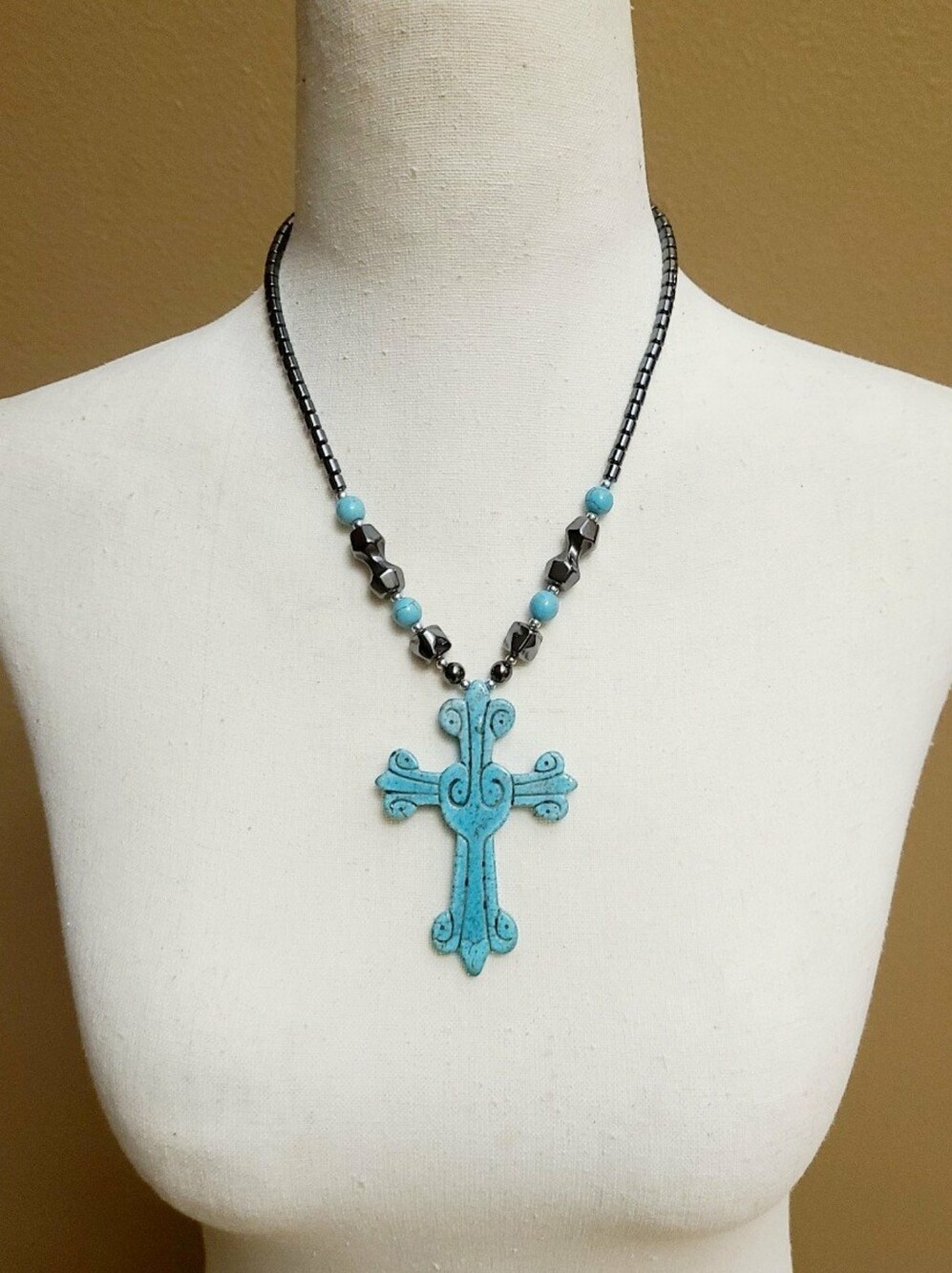 Turquoise Blue Cross Pendant Necklace